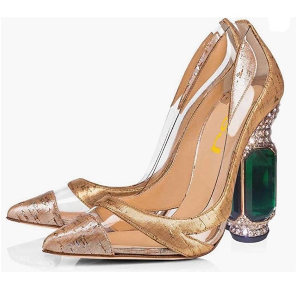 FSJ Nude Transparent Bridal Pointed 
Toe Chunky Block Heel Crystal
Pumps